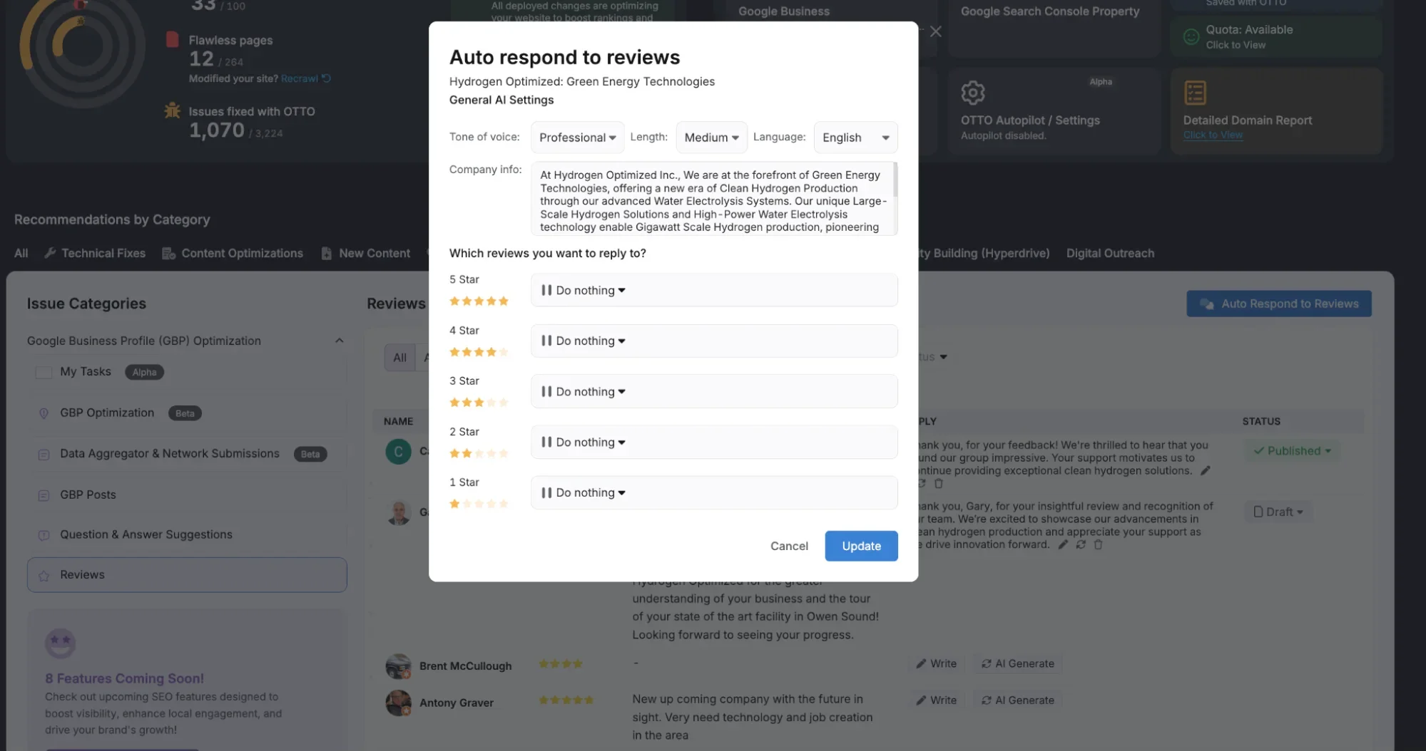 Auto respond to reviews interface with options to select star ratings from 1 to 5, each offering an action like "Do nothing." The background reveals a website with user reviews and settings visible, seamlessly integrating into your Google Business Profile for effective management.
