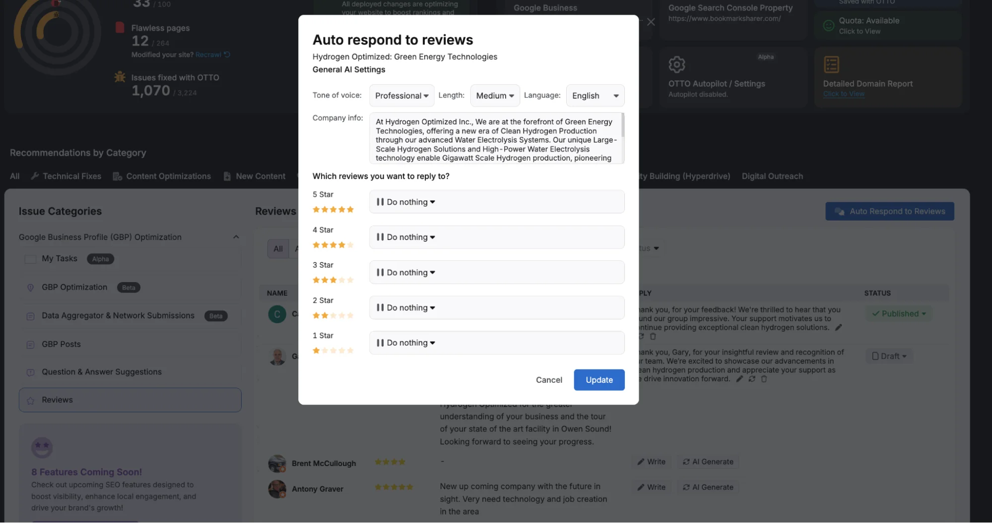 Screenshot of a web interface showing an AI Landing Page Builder section by Otto SEO, with categories and a table listing topics and their statuses. There is a highlighted button labeled "Generate a page" in the upper right corner.