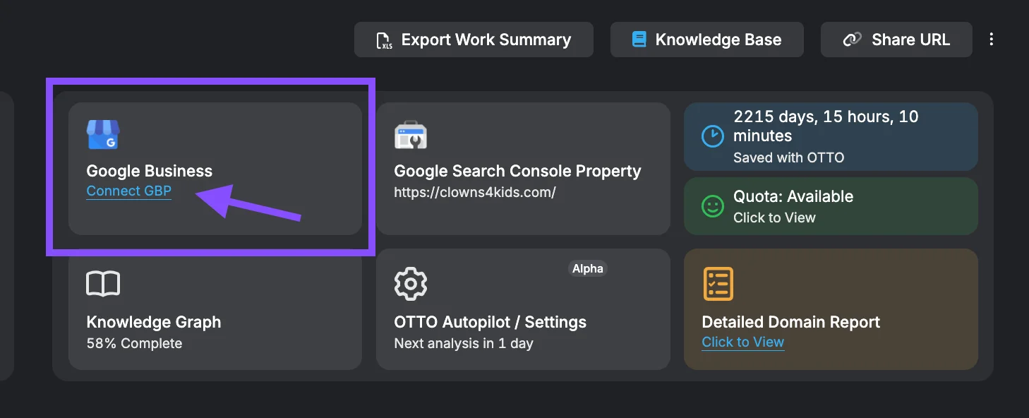 The dashboard interface, featuring a "Google Business" section with a purple outline and an arrow pointing to "Connect GBP," seamlessly integrates tools like the SEO analysis generator alongside sections such as search console and domain report.