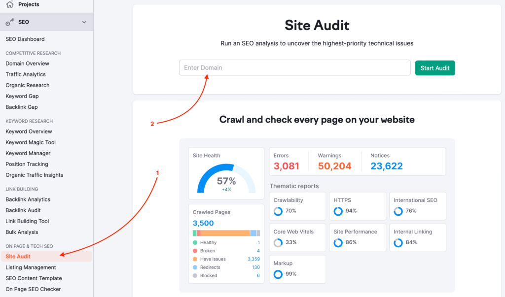 semrush site audit