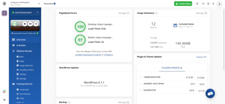 10web dashboard pagespeed score