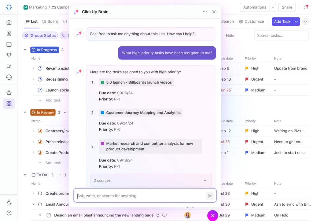ClickUp Brain AI Feature Home Dashboard Example
