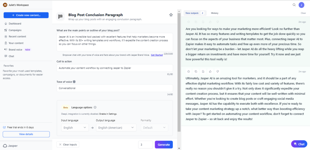 Jasper AI Dashboard Example