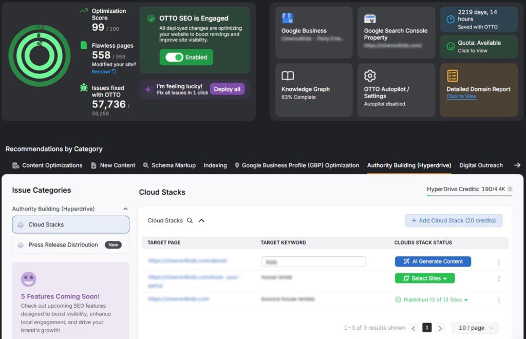 OTTO authority building tab with cloud stacks and PR distribution