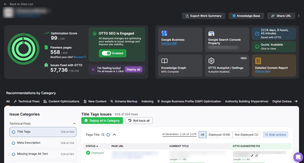 OTTO main dashboard with fully green score
