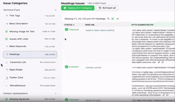 Search Atlas OTTO Recommendations and One-Click Implementation GIF