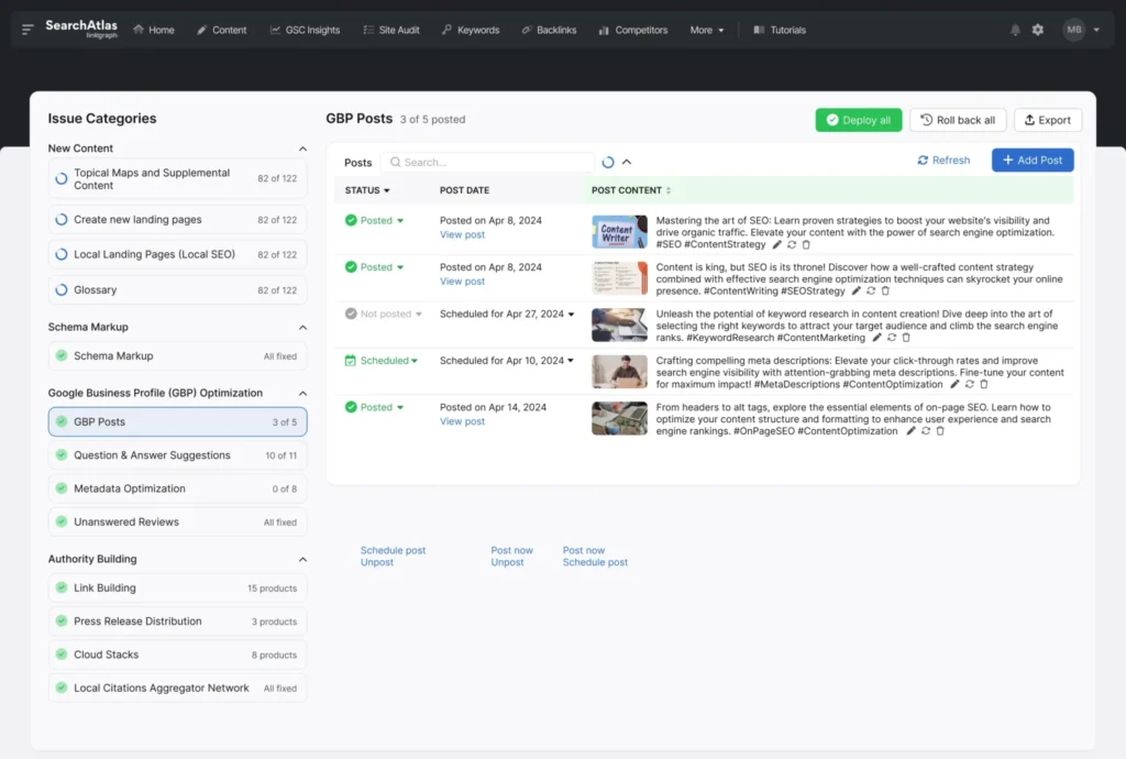 Search Atlas OTTO SEO Issue Details and GBP Posts Feature