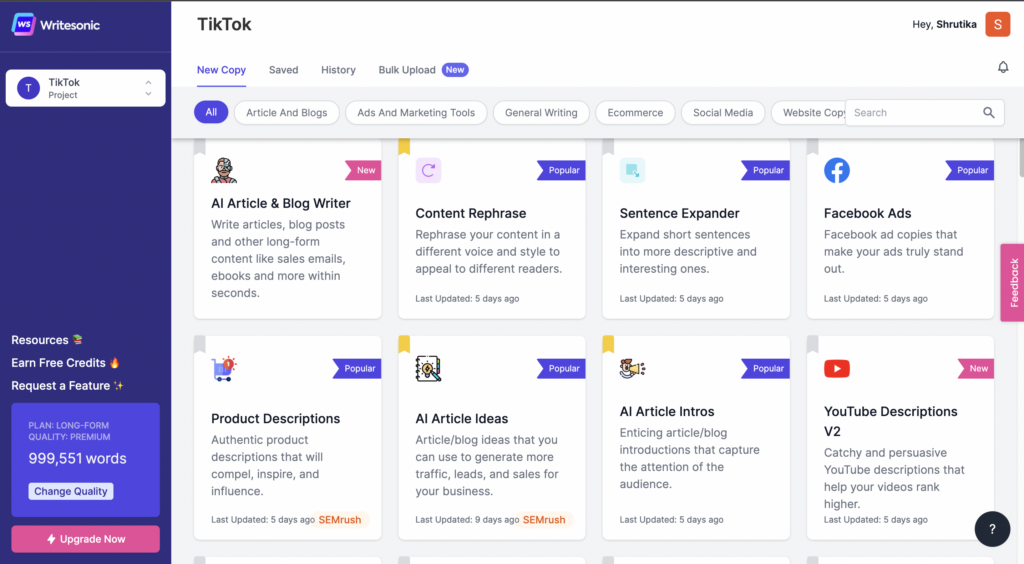 Writesonic AI interface example