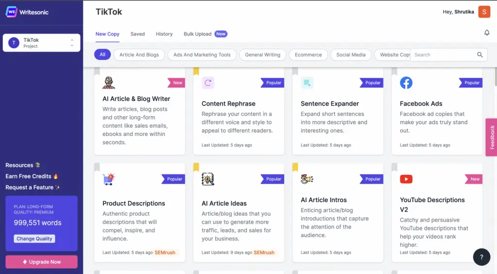 Writesonic AI interface example