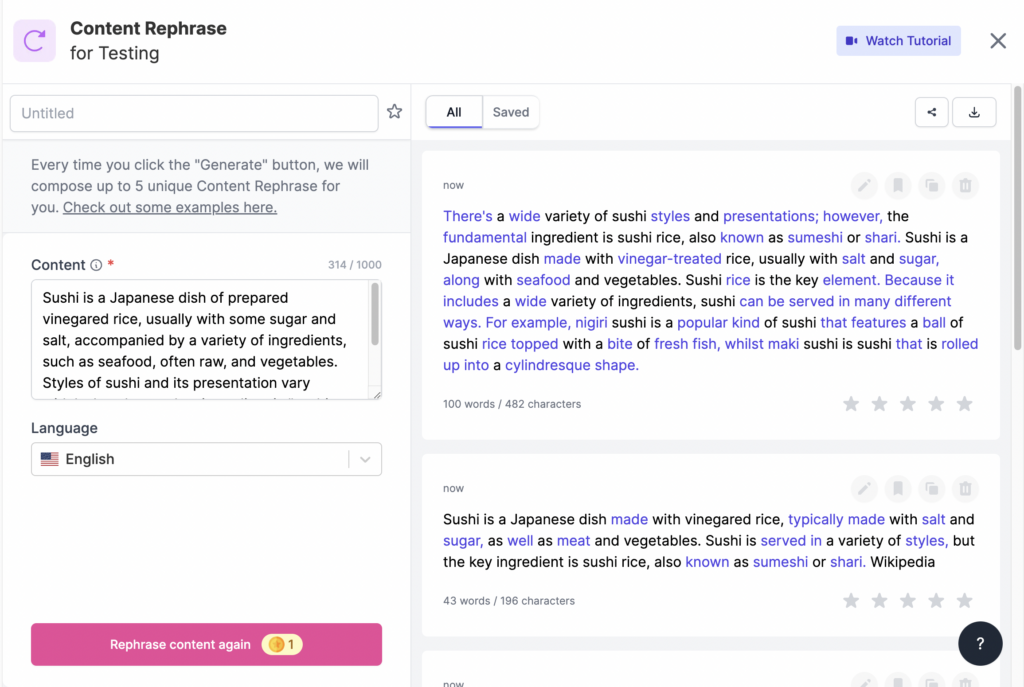 Writesonic Content Rephraser Feature