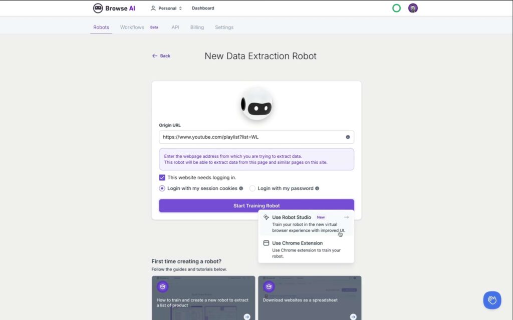 browse ai main dashboard
