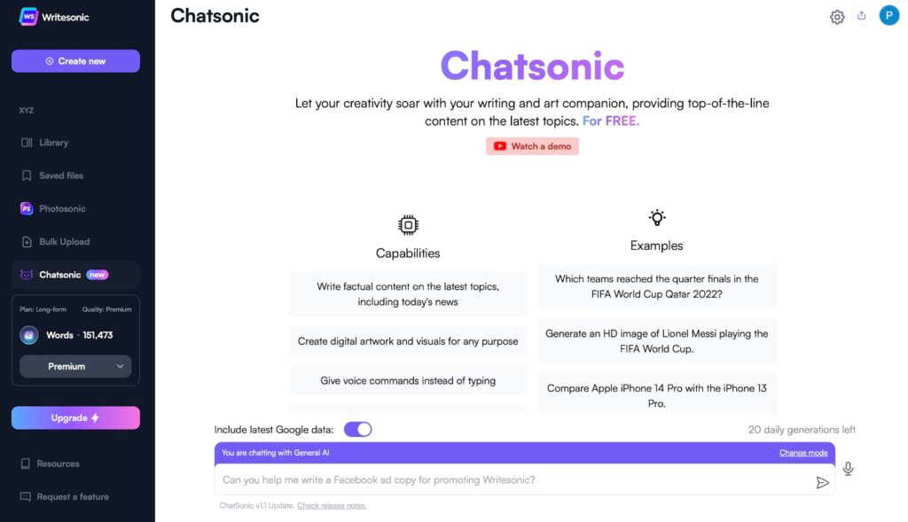 Writesonic Chatsonic main scren