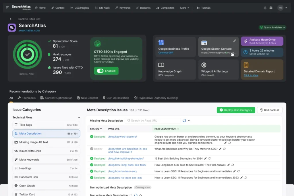 OTTO SEO main dashboard search atlas