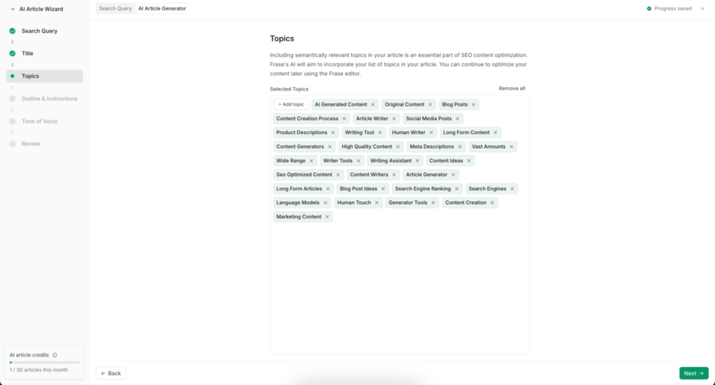 Frase AI topic generator feature