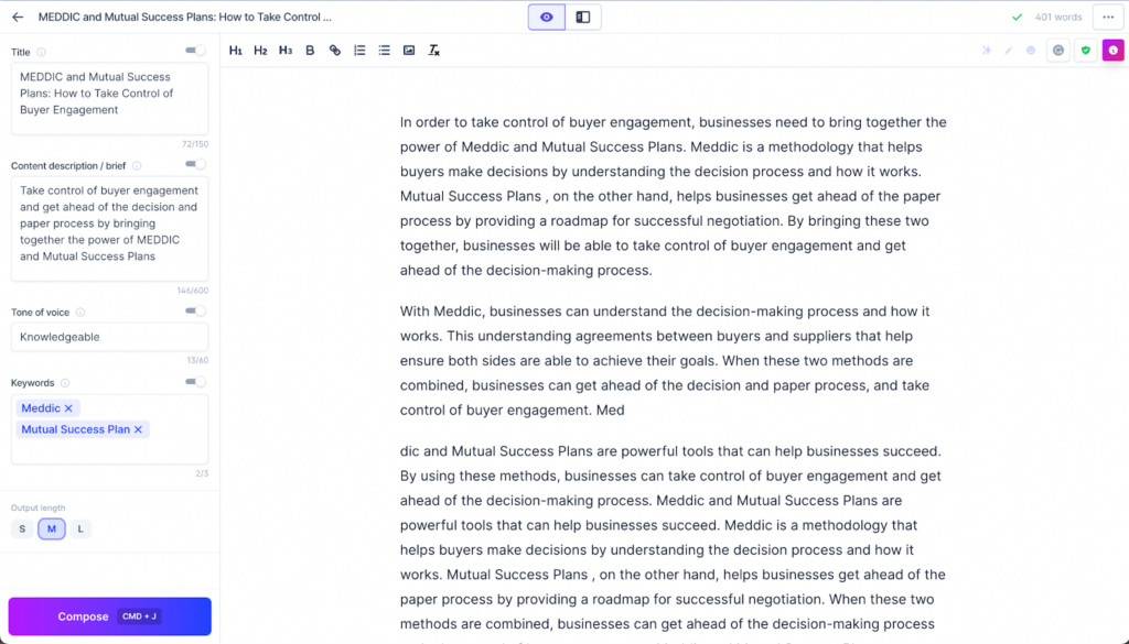 Jasper AI content editor