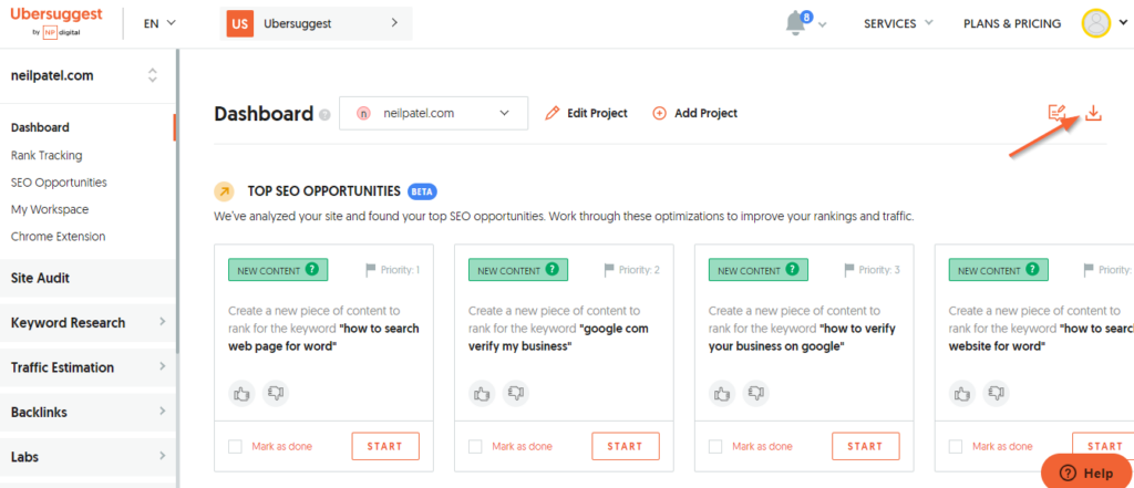 Ubersuggest main dashboard