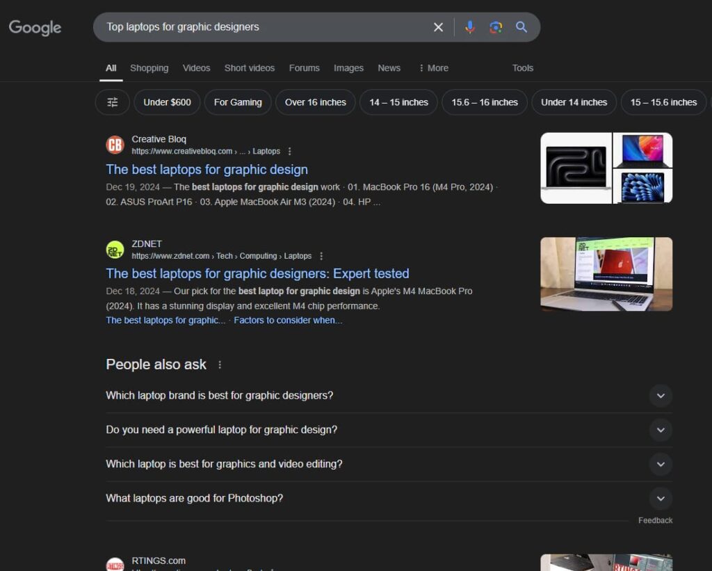 commercial keyword intent example top laptops for graphic designers