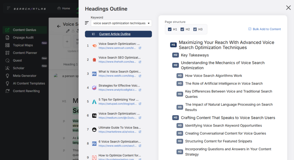 Content genius headings outline voice search example Search Atlas