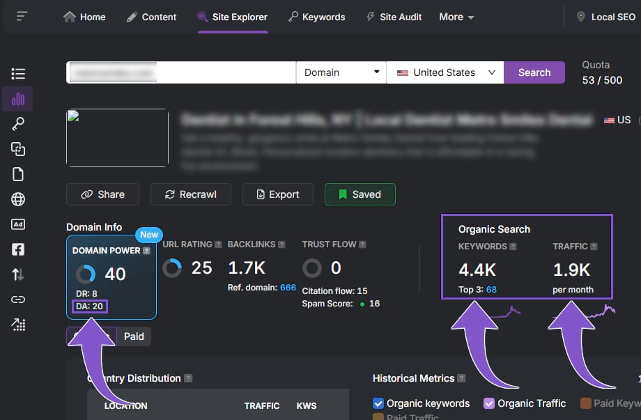 low domain authority metric with high traffic and keyword domain power