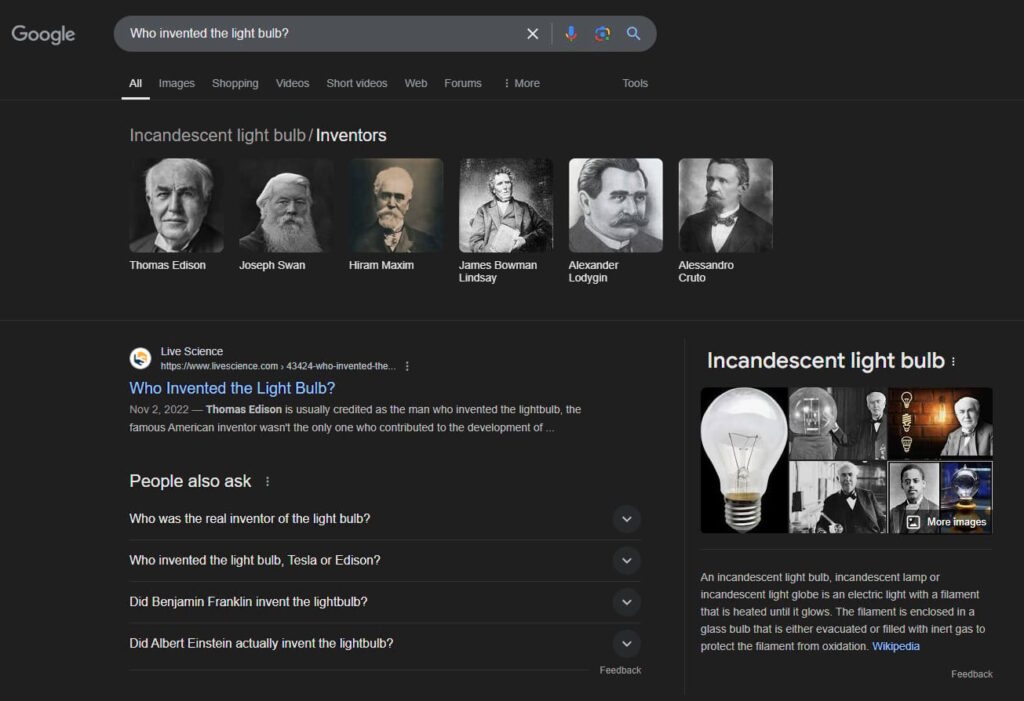 informational keyword intent example who invented the light bulb