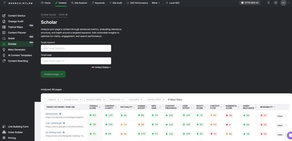 search atlas scholar analyze content through advanced metrics relevance structure depth clarity engagement search performance