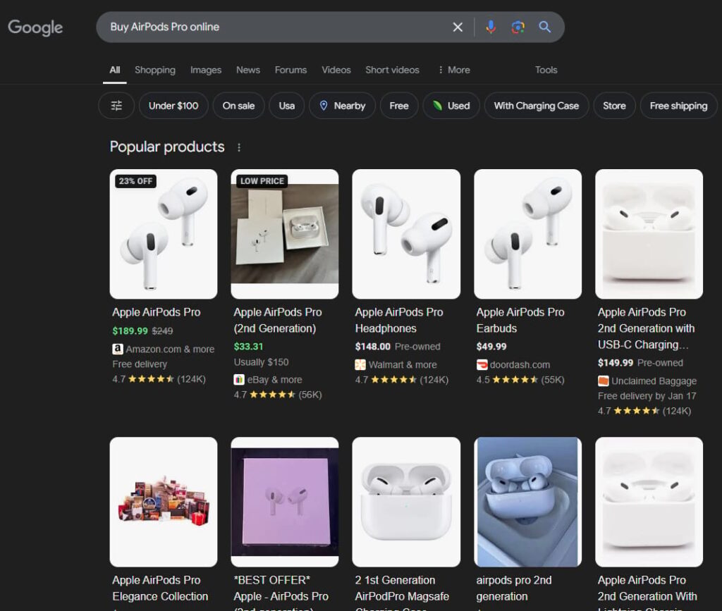 transactional keyword intent example buy airpods pro online