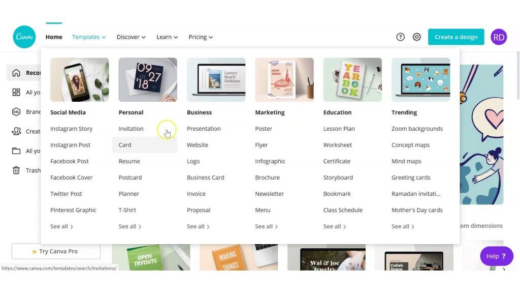 Canva main dashboard