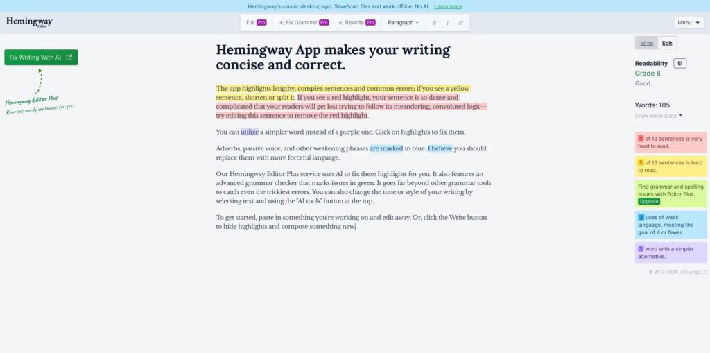 Hemingway App content editor