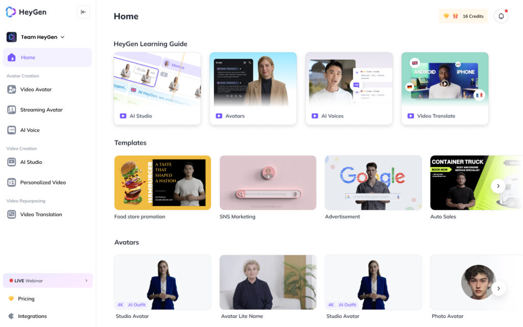 HeyGen main dashboard