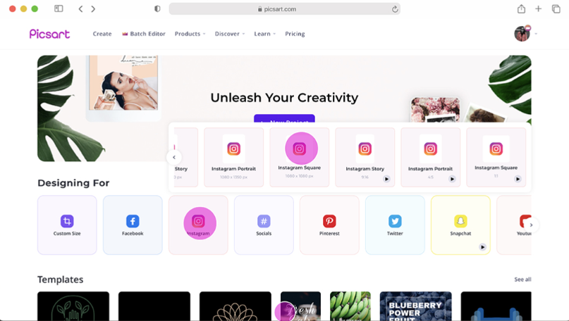 Picsart main dashboard