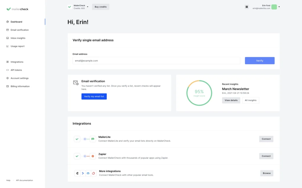 MailerCheck dashboard