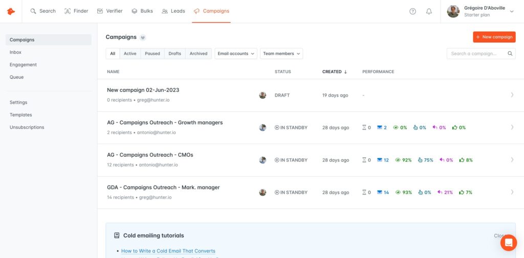 hunter.io outlook integration dashboard