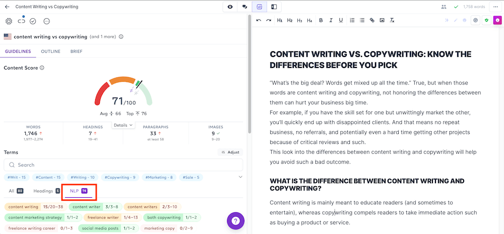 jasper content editor with NLP