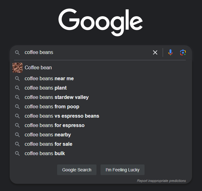 google autocomplete coffee beans