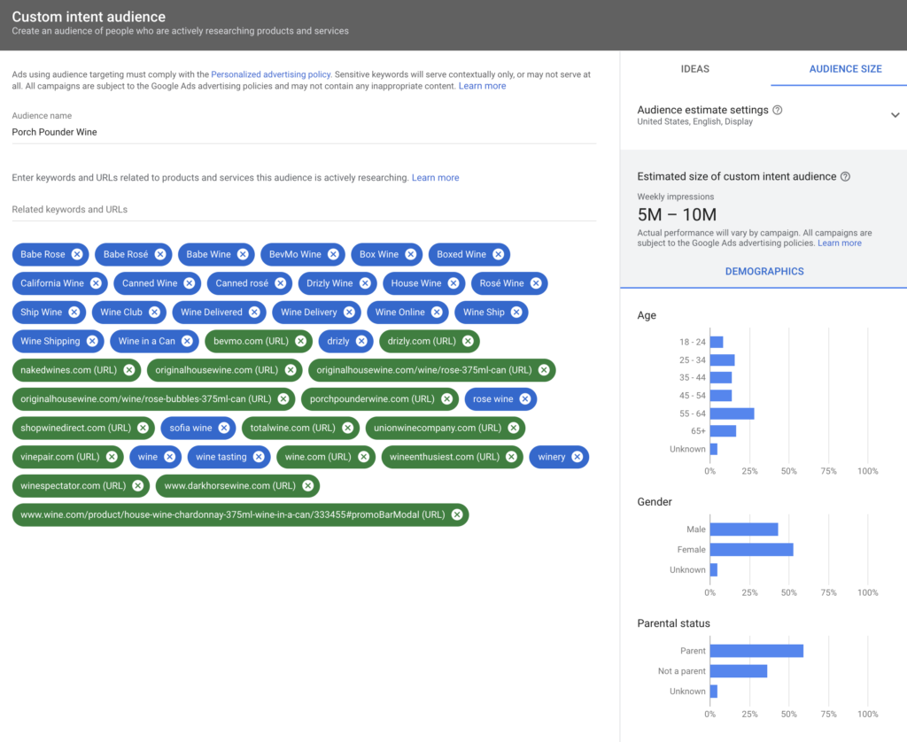 google search ads custom intent audience