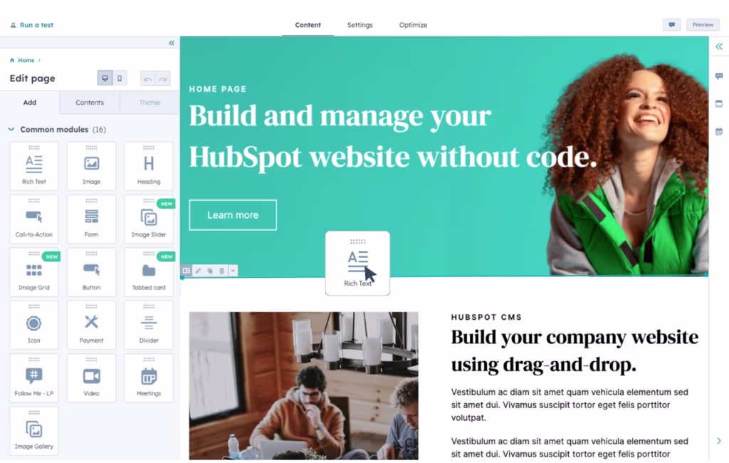 HubSpot CMS editor showing drag-and-drop page builder with rich text, image, and call-to-action modules for creating a no-code website