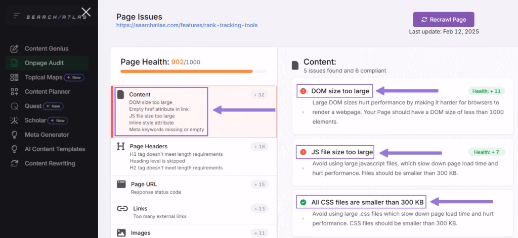 content issues onpage audit