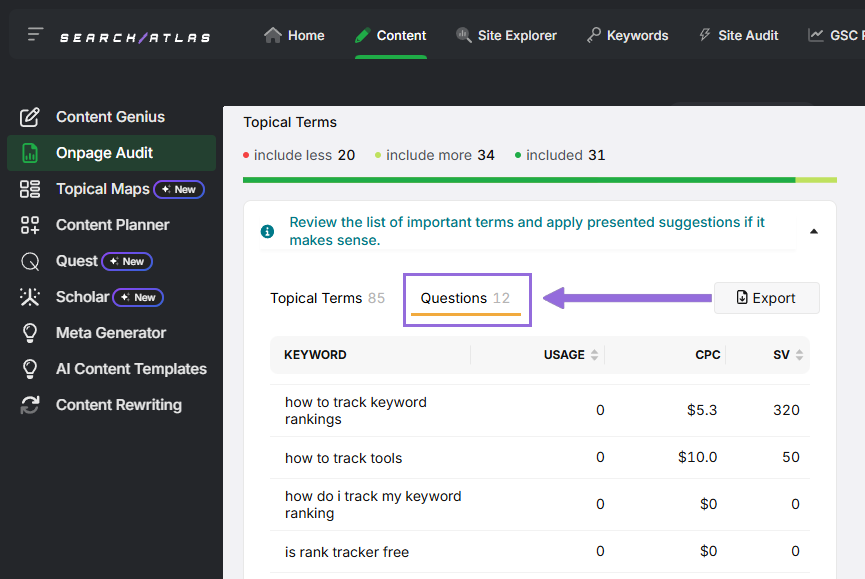 onpage audit topical terms and questions