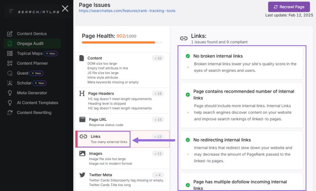onpage audit issues with links