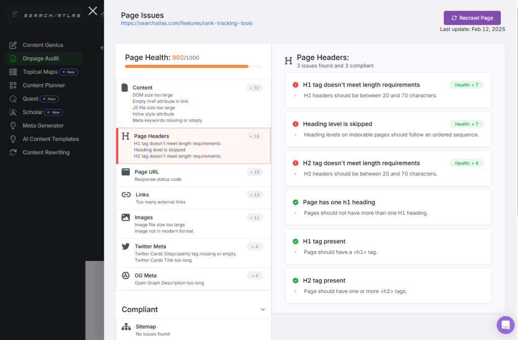onpage audit tool page headers