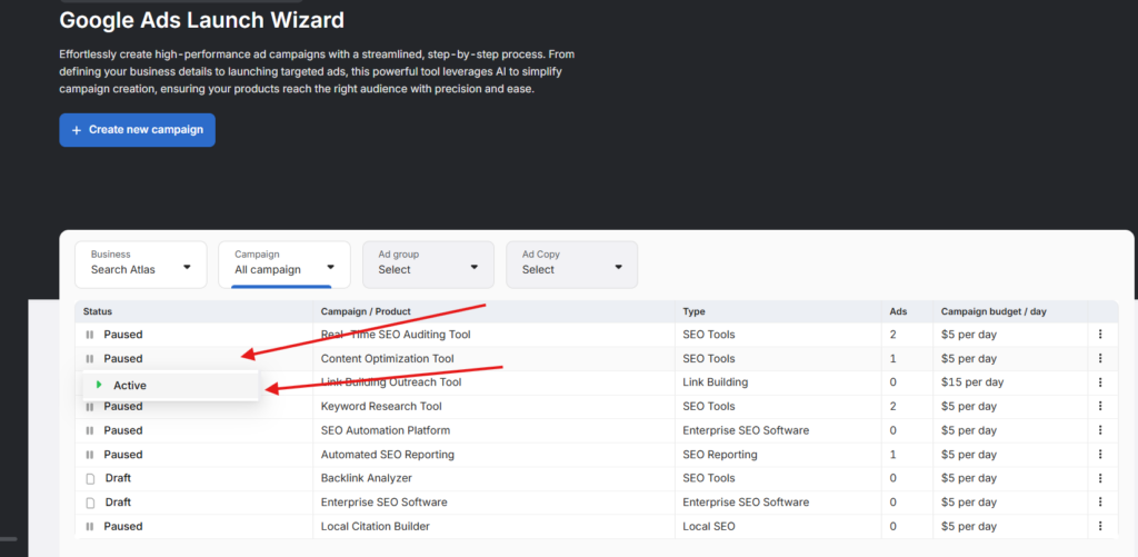 otto Google ads click activate or pause campaigns