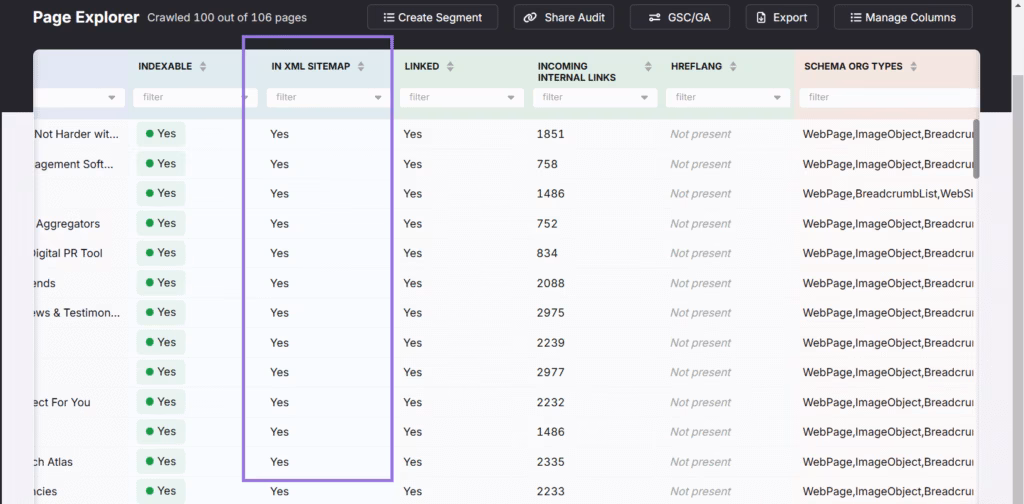 XML check in search atlas page explorer