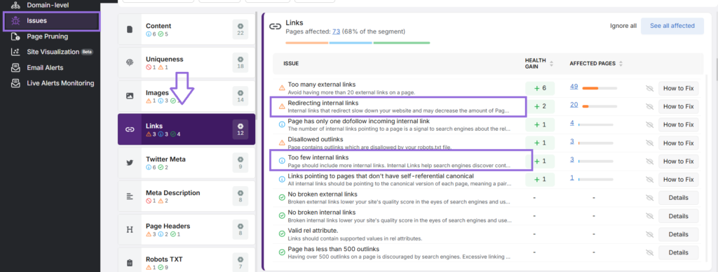 site audit links issues