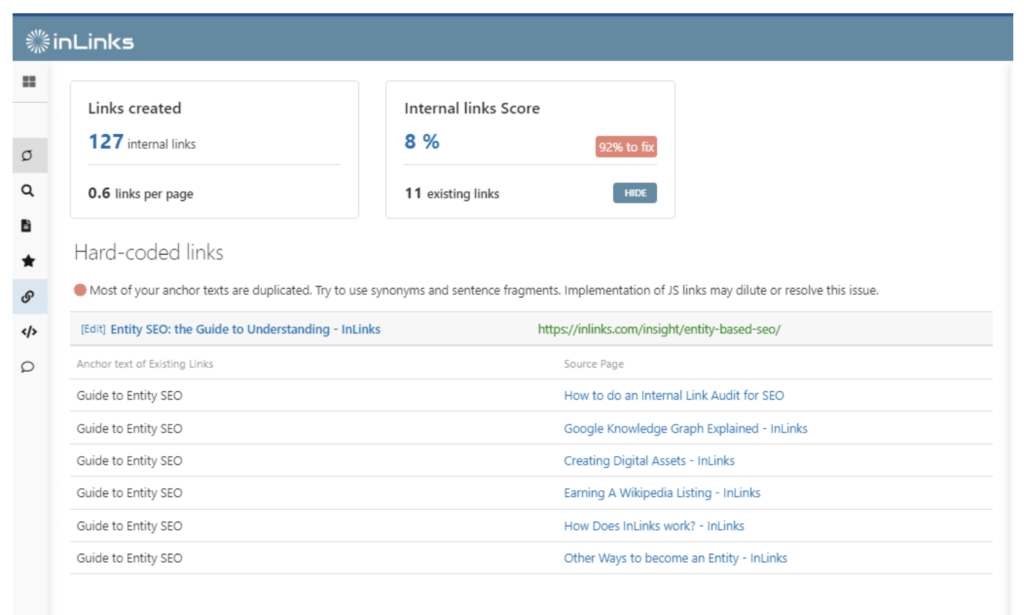 InLinks internal linking feature