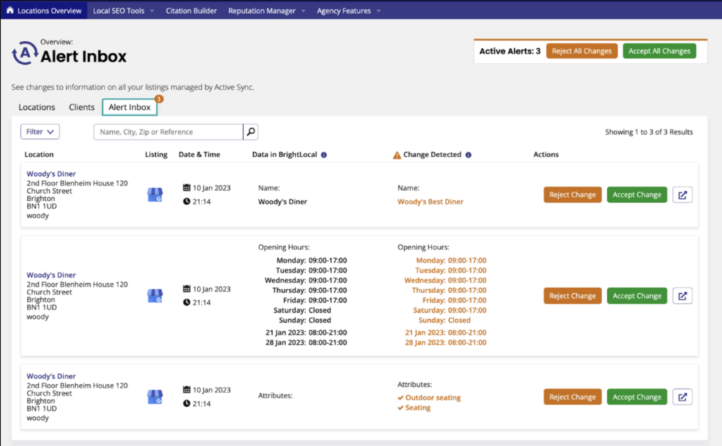 Google Business Profile Management brightlocal - active alerts