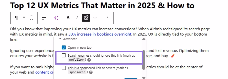 setting link to nofollow in wordpress