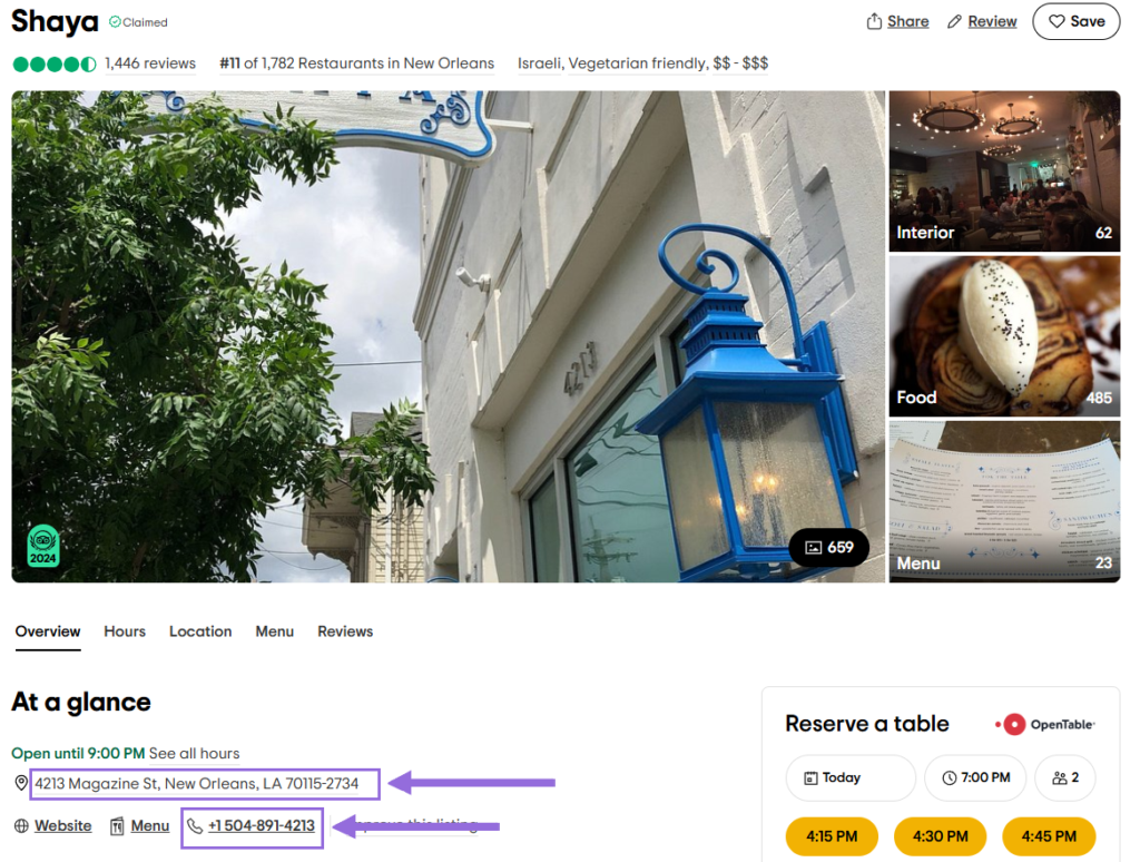 a view of NAP information of a restaurant