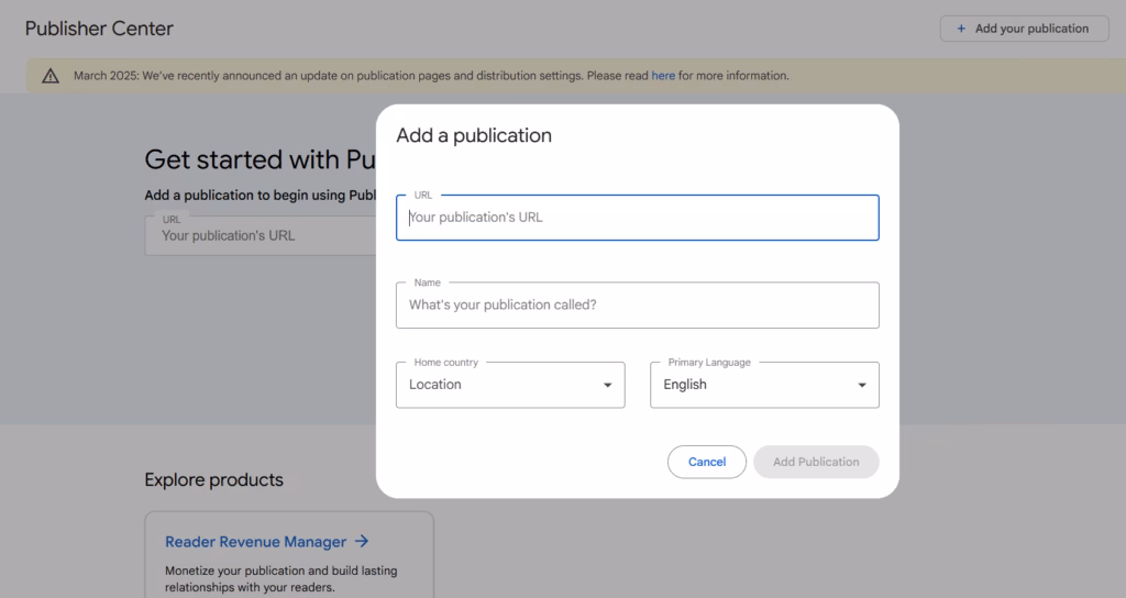 adding a publication in google publisher center