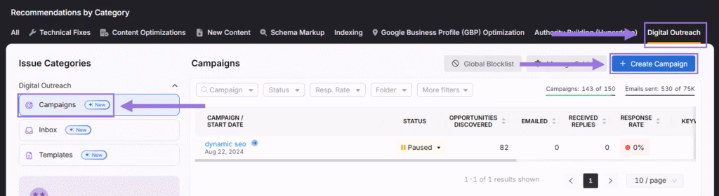 campaign feature in OTTO SEO tool