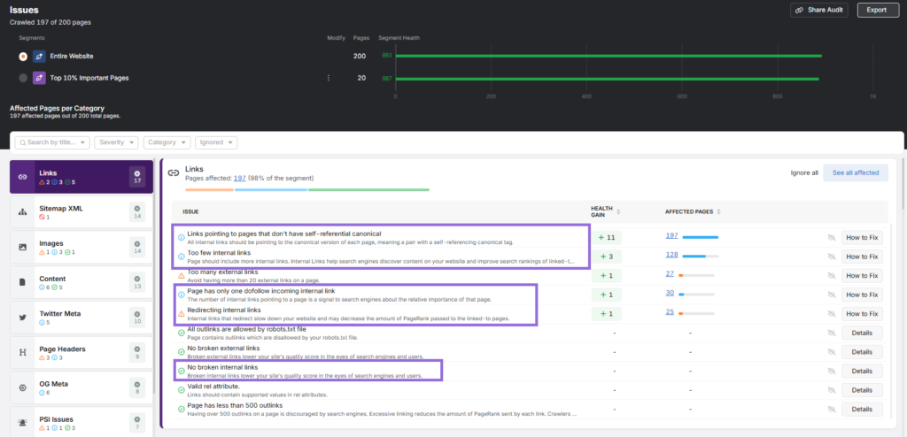 search atlas site audit tool internal issues